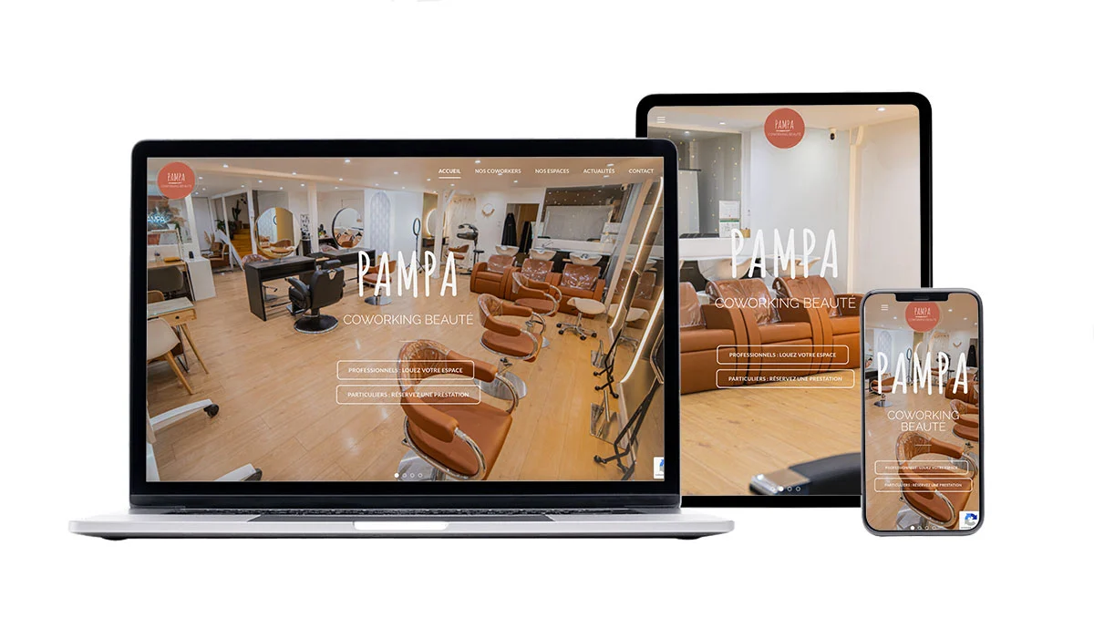 mokup de Pampa coworking beauté Lyon, Création site internet Lyon, webdesign responsive, tablette, mobile