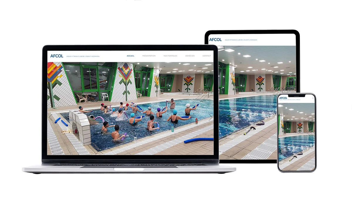 mokup de AFCOL - Aqua Fitness Club de l’Ouest Lyonnais, Création site internet Bourg-en-Bresse, webdesign responsive, tablette, mobile