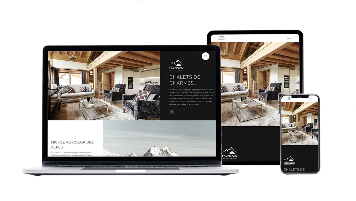 mokup de chalet Case blanche, Création site internet Bourg-en-Bresse, webdesign responsive, tablette, mobile