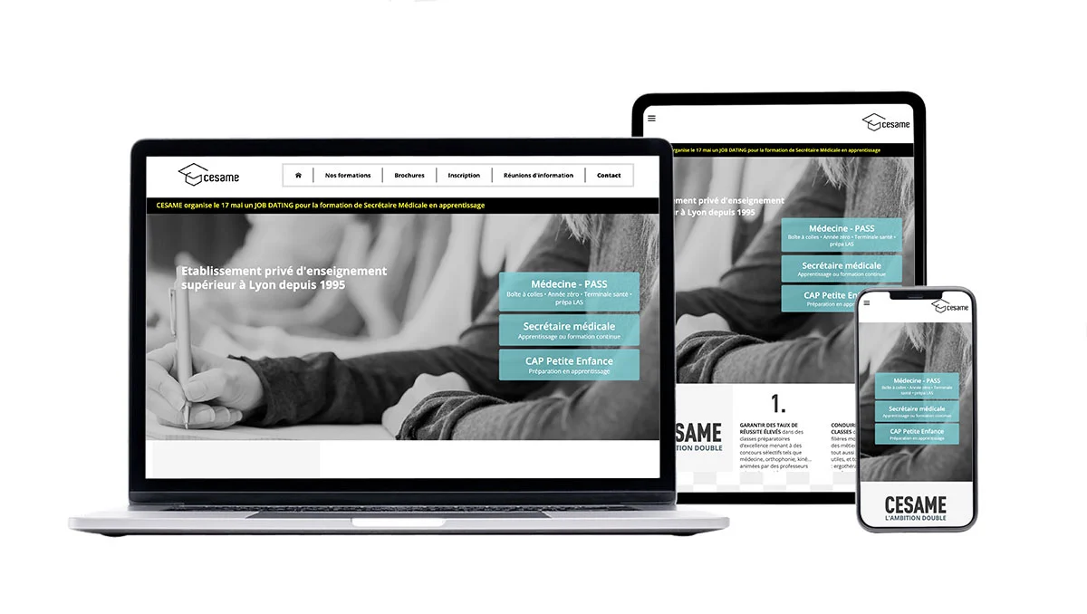 Ecole Cesame, concours et formations en médecine, Webmastering, Maintenance site web, Supports de communication, mokup responsive, tablette, mobile </li>
                                    <li>Main 