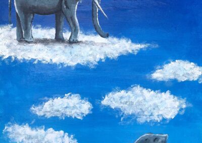 Dans les nuages - Peinture, acrylique, éléphant, ciel, famille, nuages, Nicolas Lambert, Nak illustrations