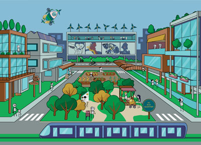 AUDITOIRE, illustration du quartier, Lyon, Voyage prospectif, un plan de quartier idéal co-construit par l'équipe New Immo